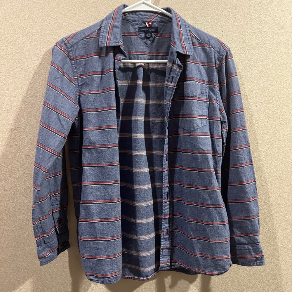Tommy Hilfiger Kids Blue and Red Striped Button Down Shirt
